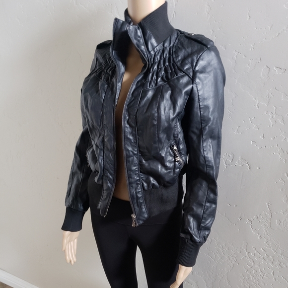 RUBY ROSE RUCHED BLACK FAUX LEATHER JACKET - Picture 1 of 7